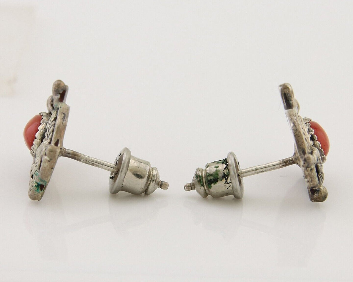 Navajo Earrings 925 Silver Natural Red Coral Artist Signed Begay C.80's