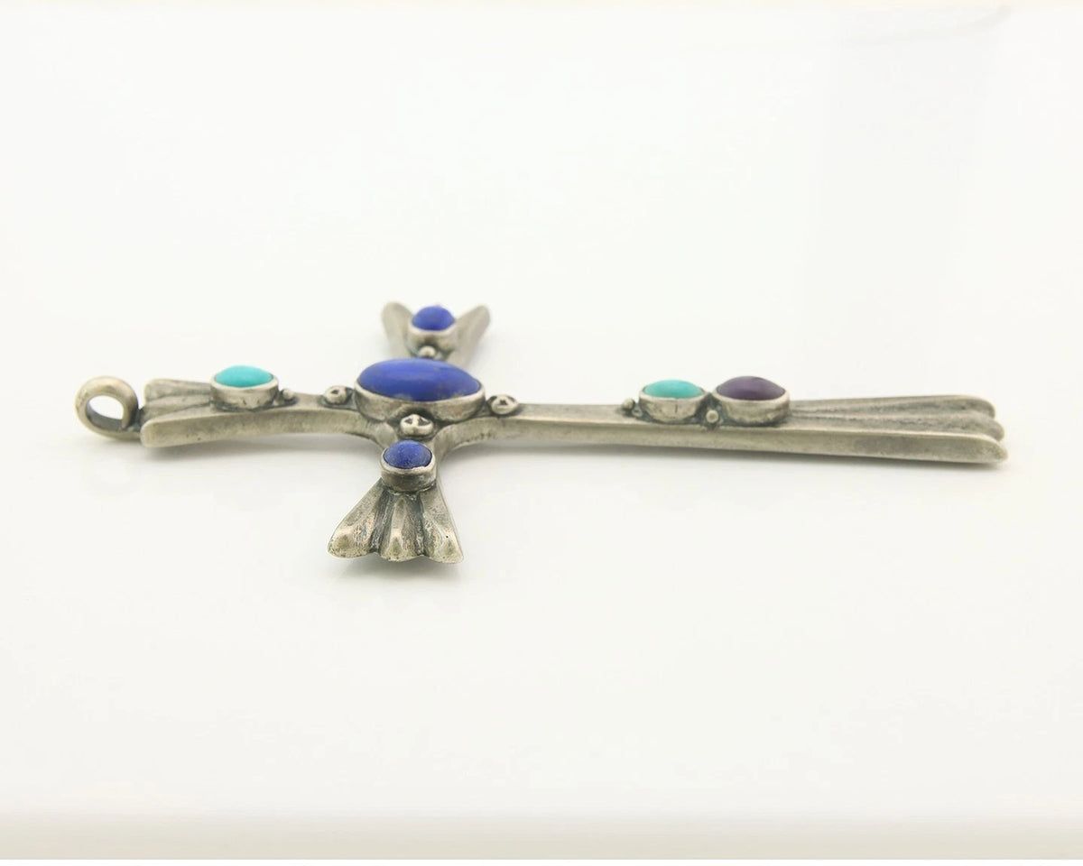 Navajo Cross Pendant Sterling Silver Natural Gemstones Artist Signed De Chelly
