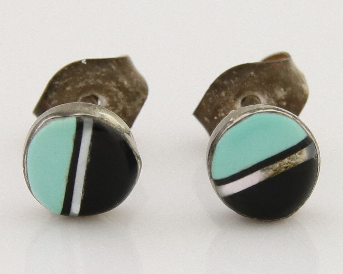Navajo Earrings 925 Silver Inlaid Natural Onyx & Turquoise Native American C.80s