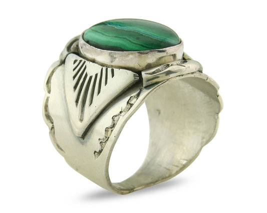 Vintage Navajo Ring 925 Sterling Silver Malachite Signed Juan Guerro Size 10.5