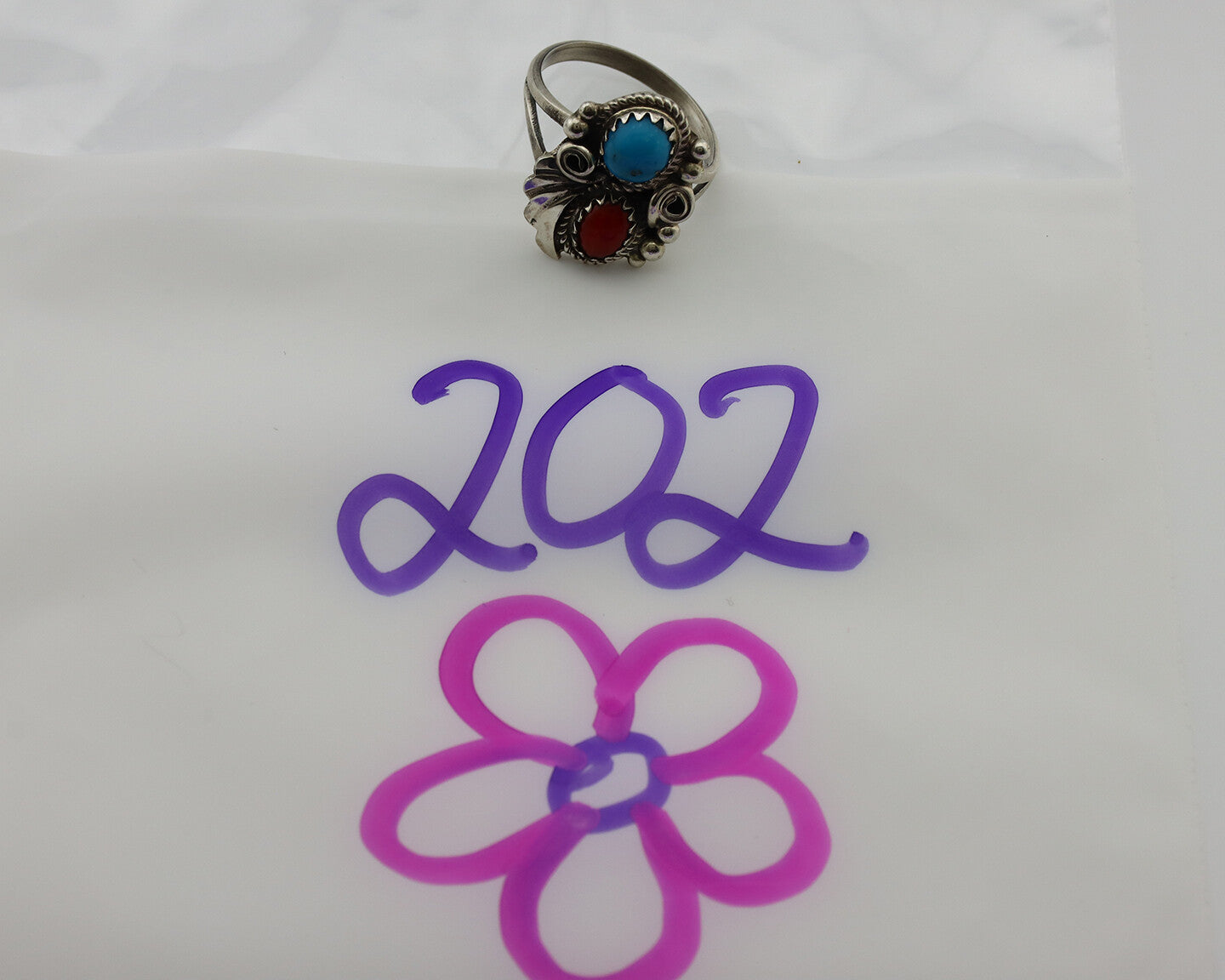 Navajo Ring .925 Silver Morenci Turquoise & Coral Native Artist Signed JM C.80's