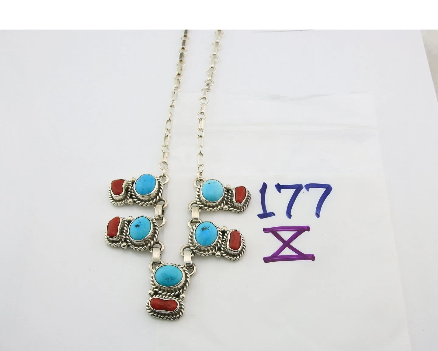 Navajo Necklace Sterling Authentic Turquoise & Coral Handmade Native Artist