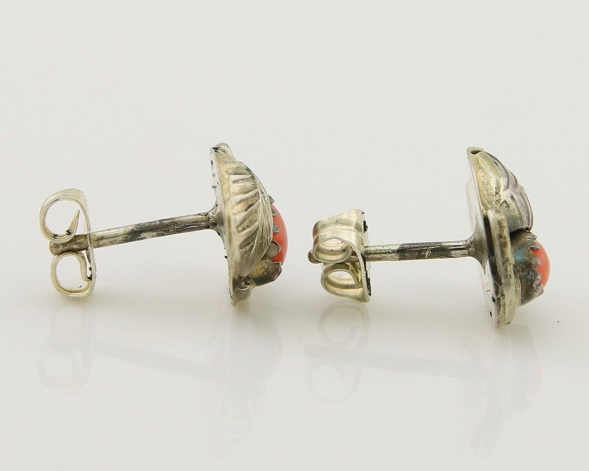 Navajo Earrings 925 Silver Natural Red Coral Native American Artist C.80's