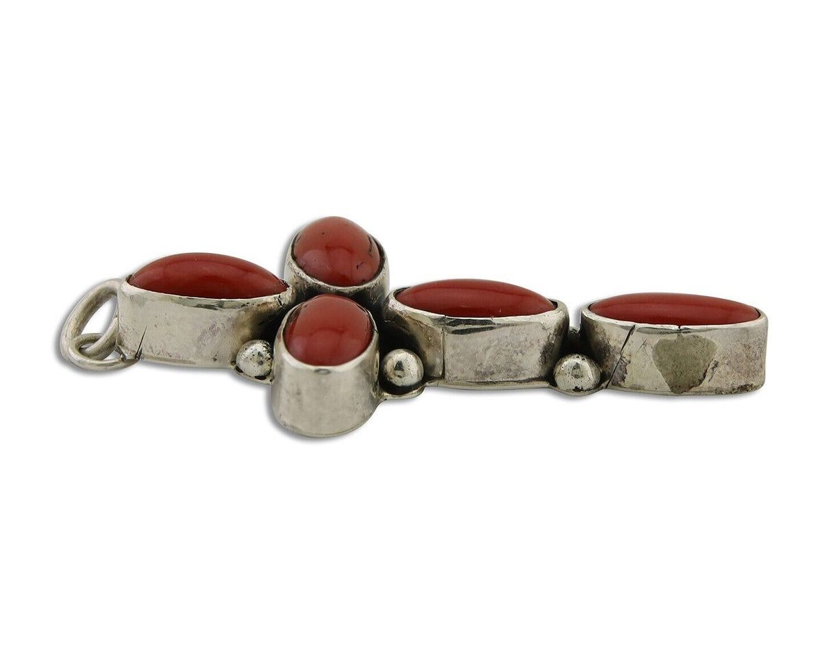 Navajo Cross Pendant 925 Silver Mediterranean Coral Signed J Tso C.80s