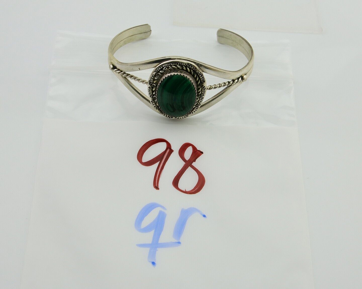 Navajo Cuff Bracelet Natural Malachite 925 Silver Native American Artist C.80s