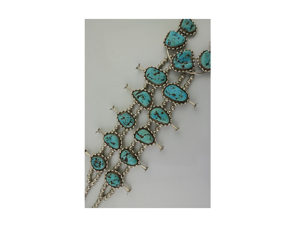 HUGE Navajo Squash Necklace 925 Silver Bisbee Turquoise Signed BY-OG C.80's
