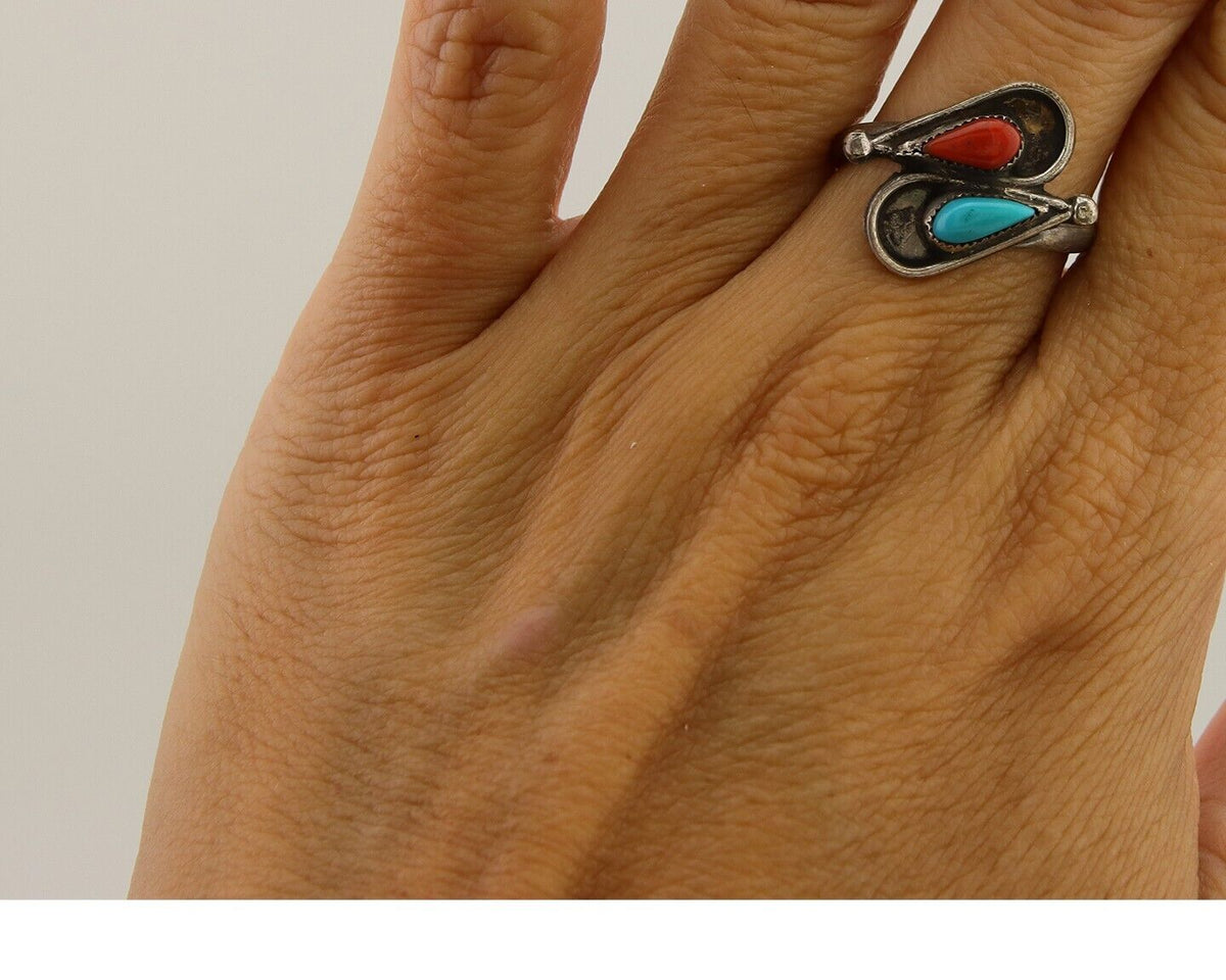 Navajo Ring 925 Silver Turquoise & Coral Native American Artist C.80's
