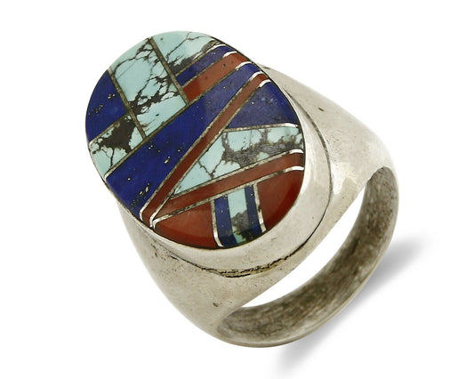 Navajo Ring .925 Sterling Silver Turquoise Coral Lapis Natural Gemstone Artist