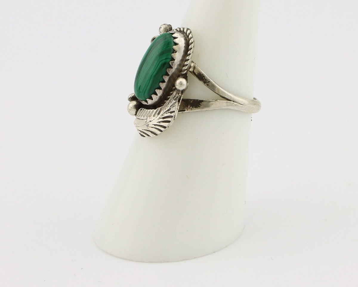 Navajo Ring 925 Silver Natural Malachite Artist Signed Justin Morris C.80's