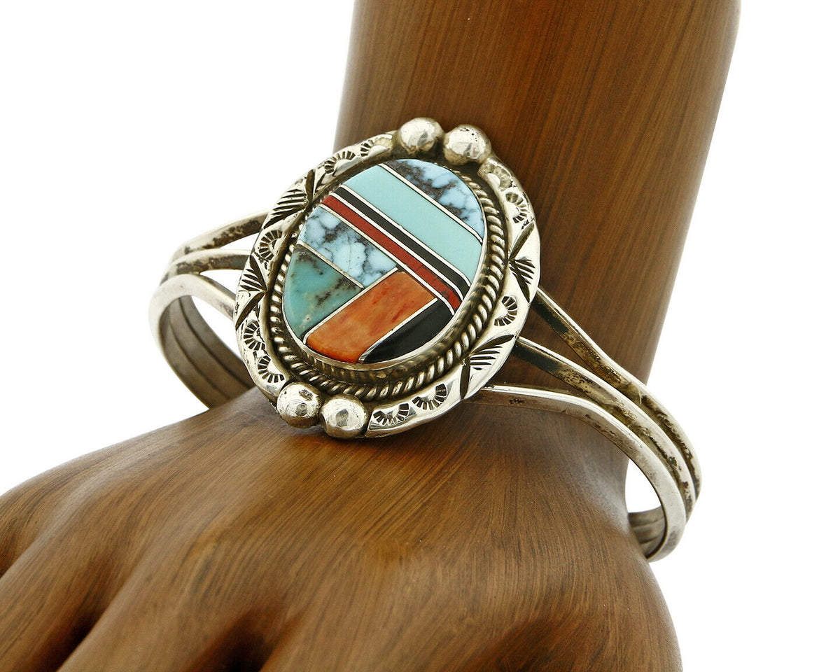 Navajo Gemstone Inlay Handmade .925 Silver Stamped Cuff