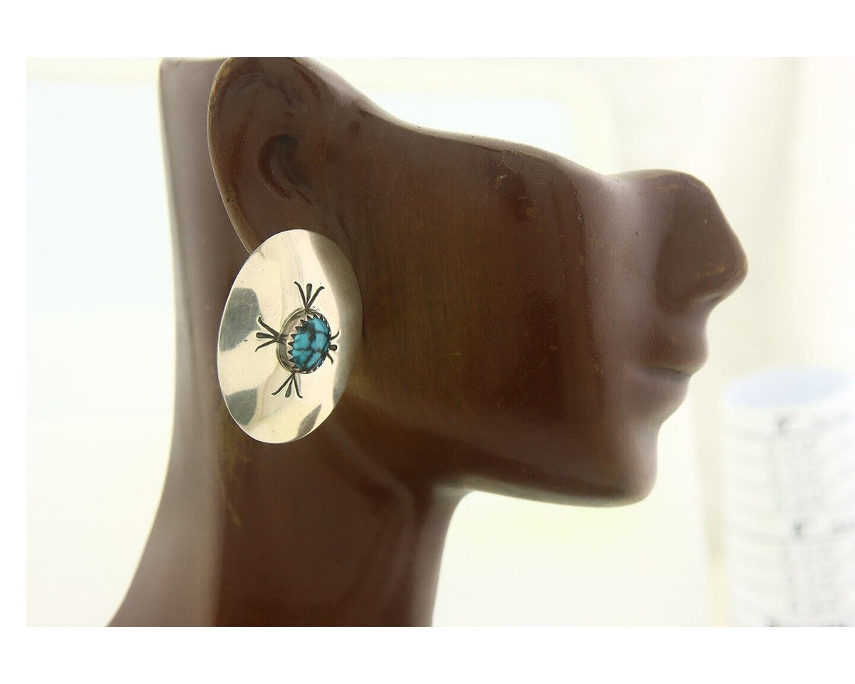 Navajo Earrings 925 Silver Handmade Concho Natural Turquoise Native Artist C80s
