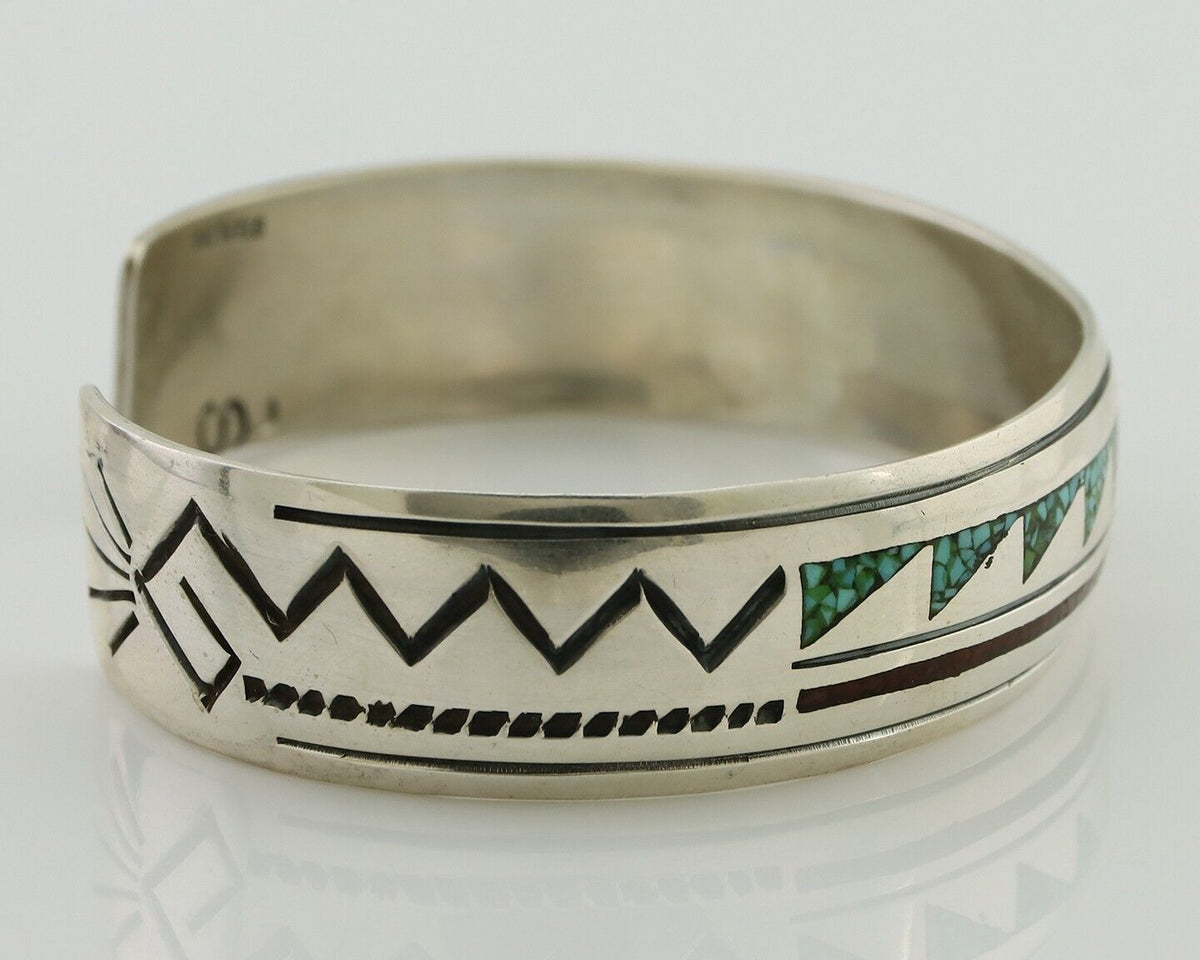 Navajo Inlay Bracelet 925 Silver Turquoise & Coral Signed Stanely Bain C.80's