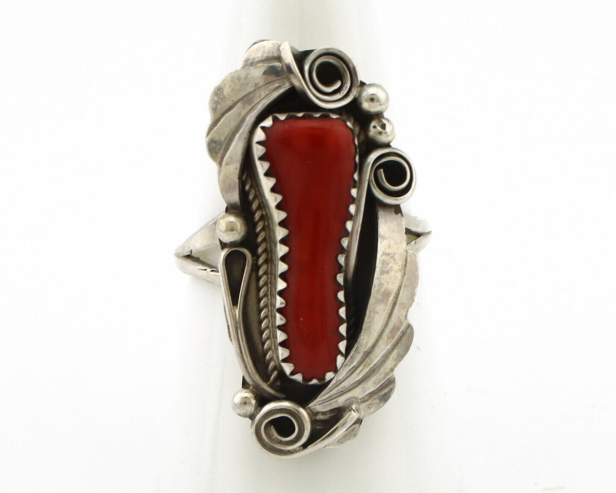Navajo Ring 925 Silver Mediterranean Coral Artist Signed Justin Morris C.80's