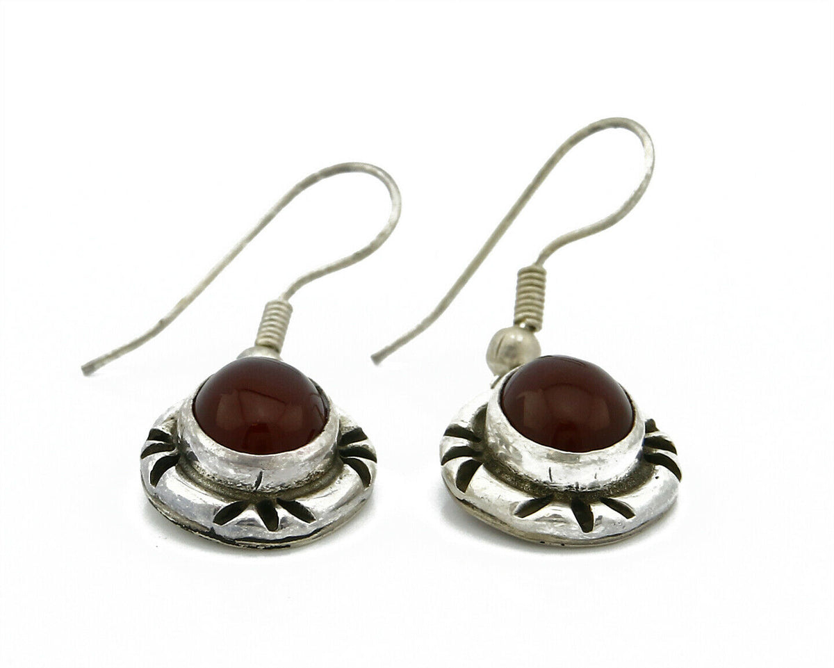 Navajo Hand Stamped Natural Mined Cornelian .925 SOLID Silver Dangle Earrings
