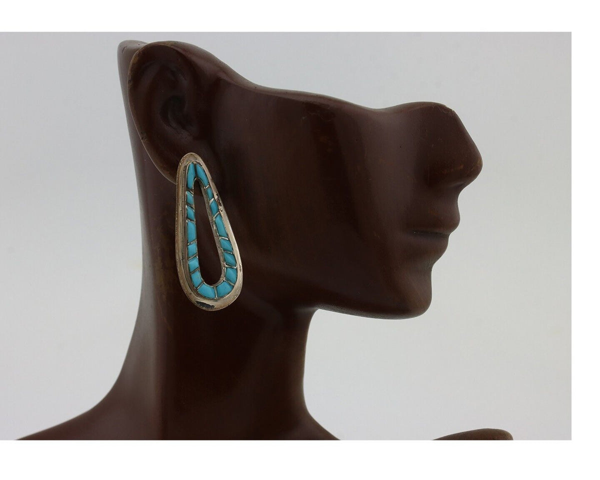 Navajo Earrings 925 Silver Sleeping Beauty Turquoise Native Artist C.80s