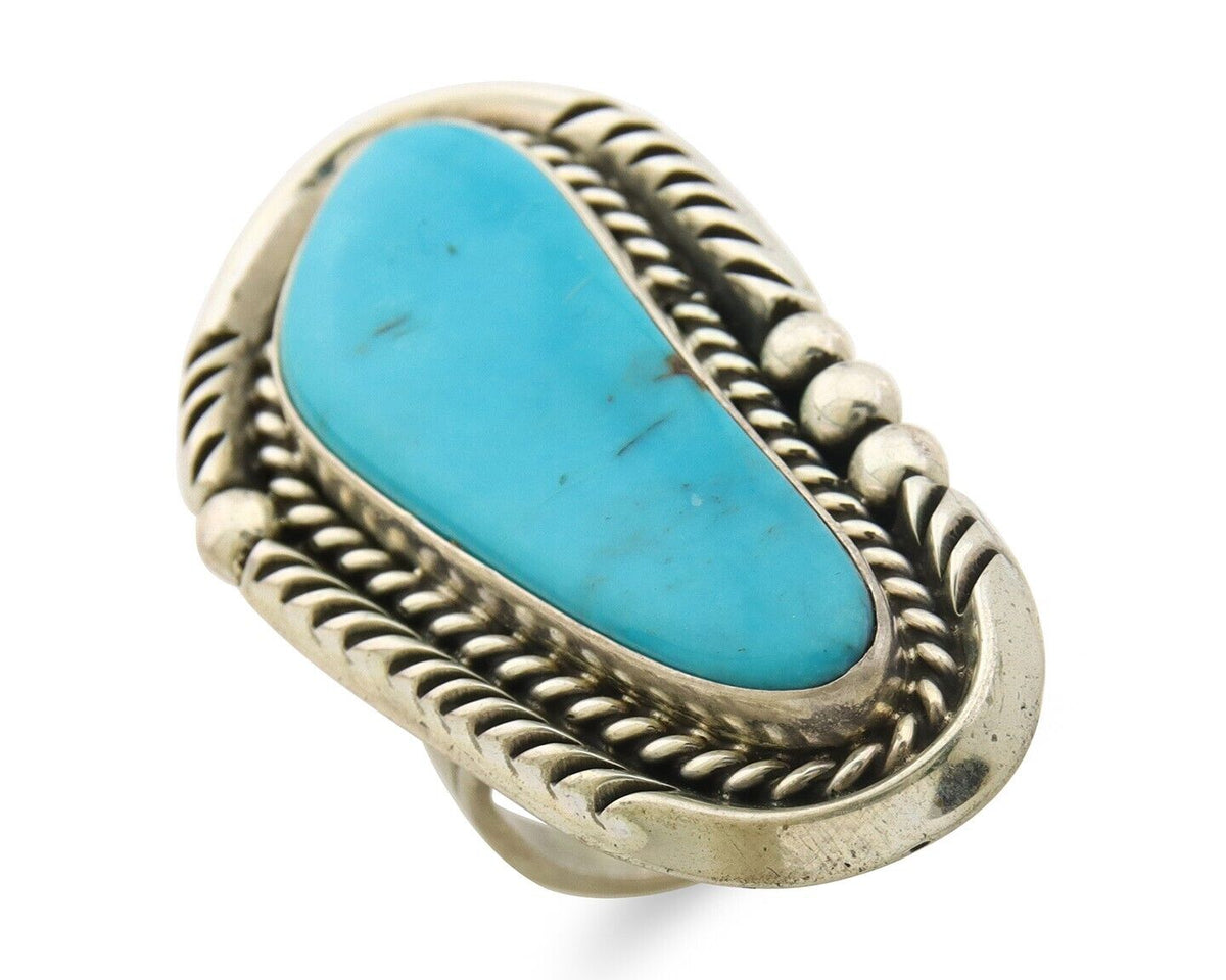 Navajo Ring 925 Sterling Natural Blue Turquoise Signed Ben S C.80's Size 9.0