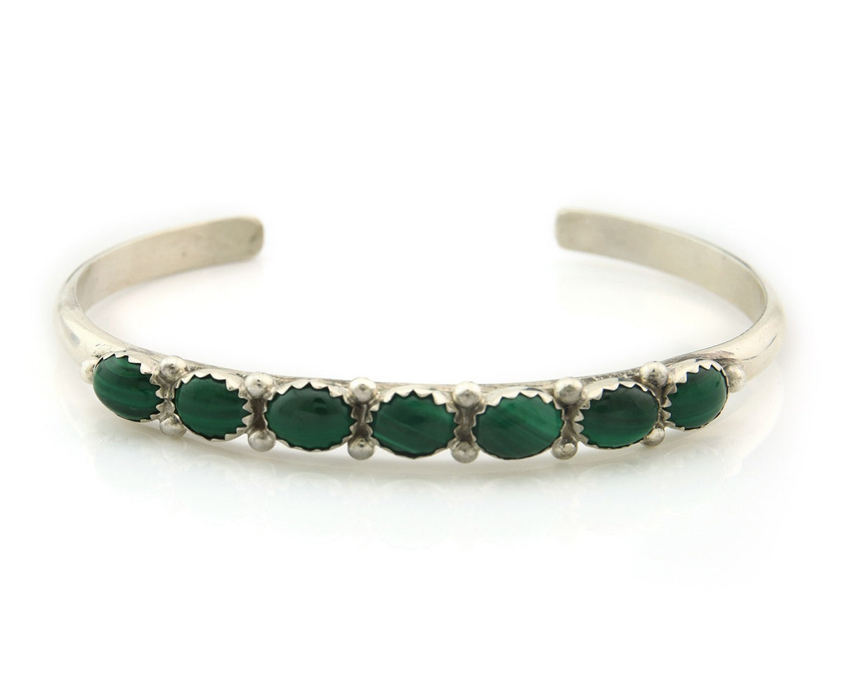 Navajo Cuff Bracelet Sterling Silver Natural Malachite Vintage Signed SS