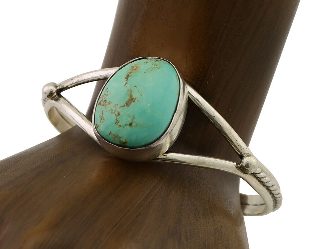 Navajo Cuff Bracelet 925 Silver Natural Blue Turquoise Artist Signed Gecko C.80s