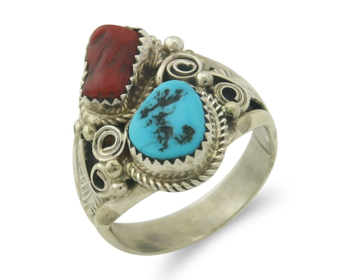 Men Navajo Ring 925 Sterling Natural Coral & Turquoise Signed JM C.80's Sz 12.25
