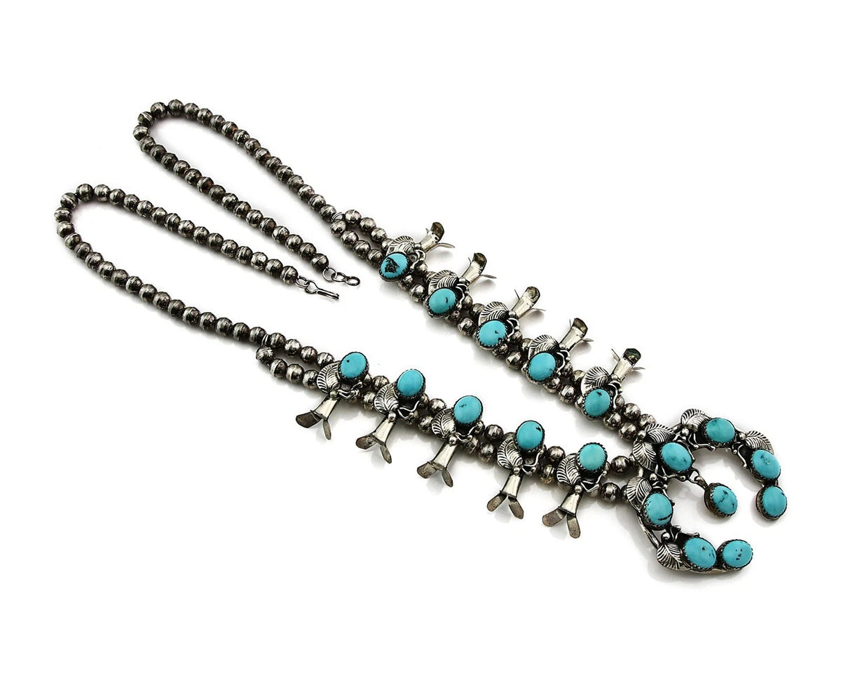 Navajo Squash Necklace Earring Set Sterling Silver Turquoise Vintage C.80's