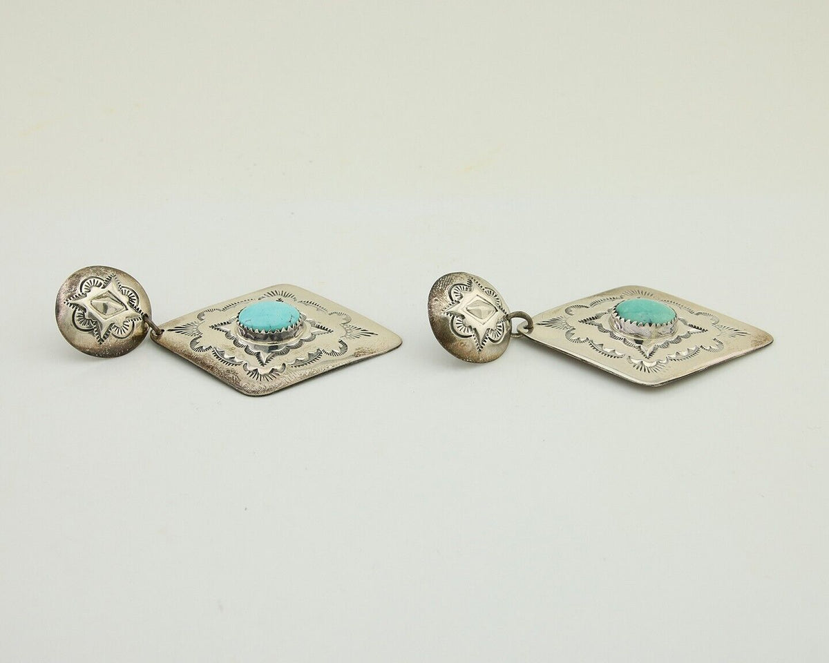 Navajo Dangle Earrings 925 Silver Natural Blue Turquoise Artist Signed LS C.80's