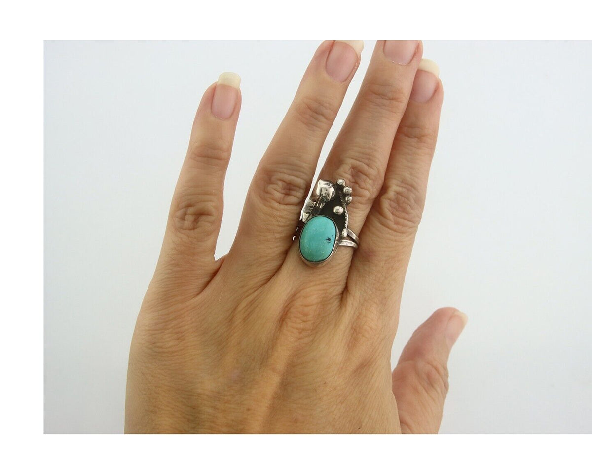 Navajo Ring 925 Sterling Turquoise Handmade Native Artist C.80's Size 6.5