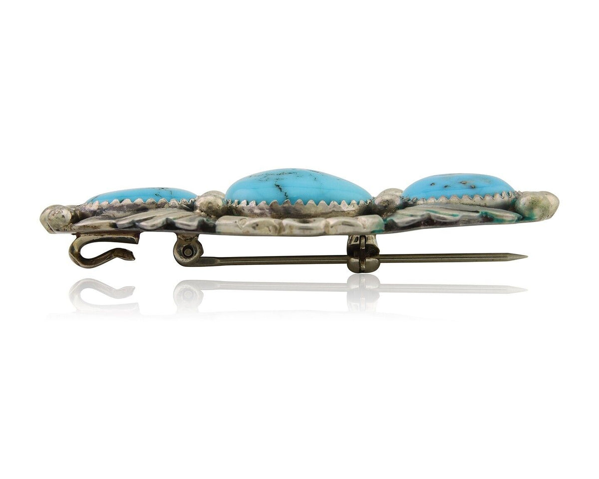 Navajo Pin 925 Silver Natural Blue Turquoise Artist Signed Billie Eagle C.80's