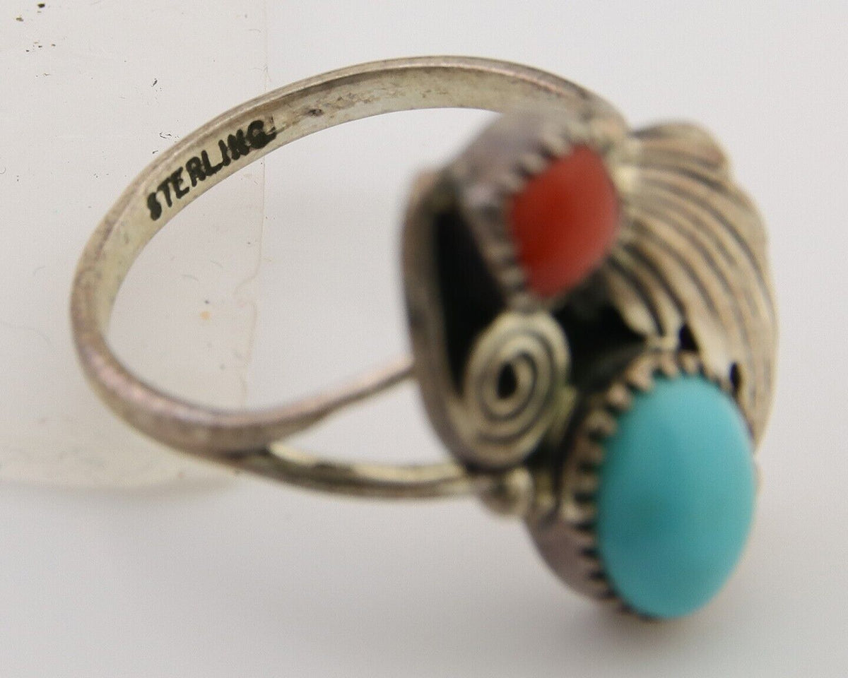 Navajo Ring 925 Silver Turquoise & Coral Artist Signed WR C.80's