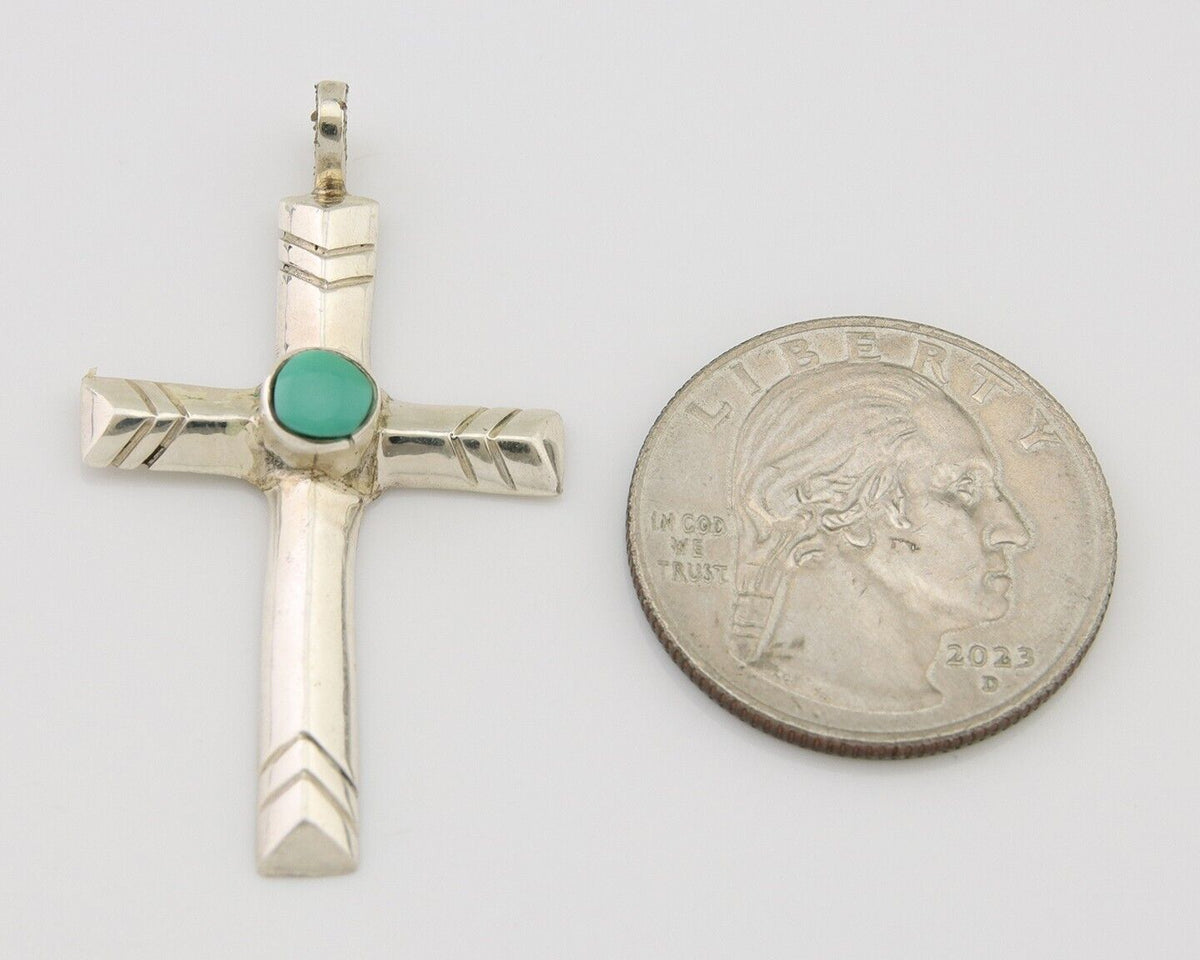 Navajo Sand Cast Cross Pendant 925 Silver Turquoise Artist Signed J Yazzie C.80s