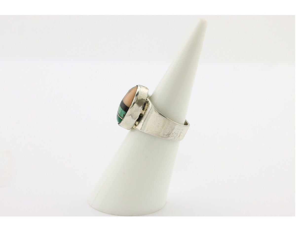 Zuni Inlaid Ring 925 Silver Mixed Natural Gemstones Native American Artist C.80s
