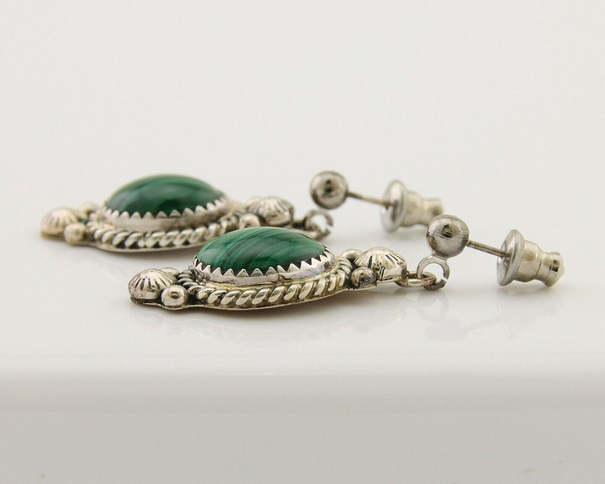 Navajo Handmade Earrings 925 Silver Malachite Native American Artist C.80's