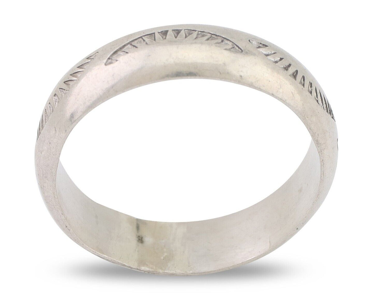 Navajo Hand Stamped Band 925 Silver 6.0 mm Signed Larry Chavez Size 10.25 C.80's