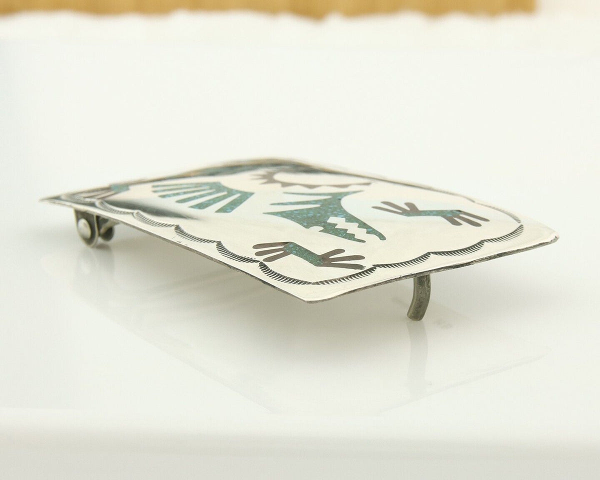 Vintage Navajo Belt Buckle 925 Silver Handmade Inlaid Gemstone Signed HB