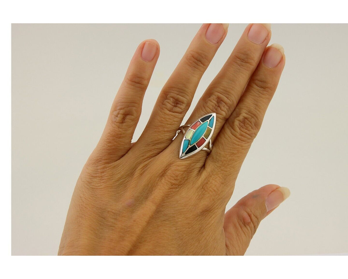 Navajo Ring 925 Silver Turquoise Shell Onyx Spiney Oyster Native Artist C80's