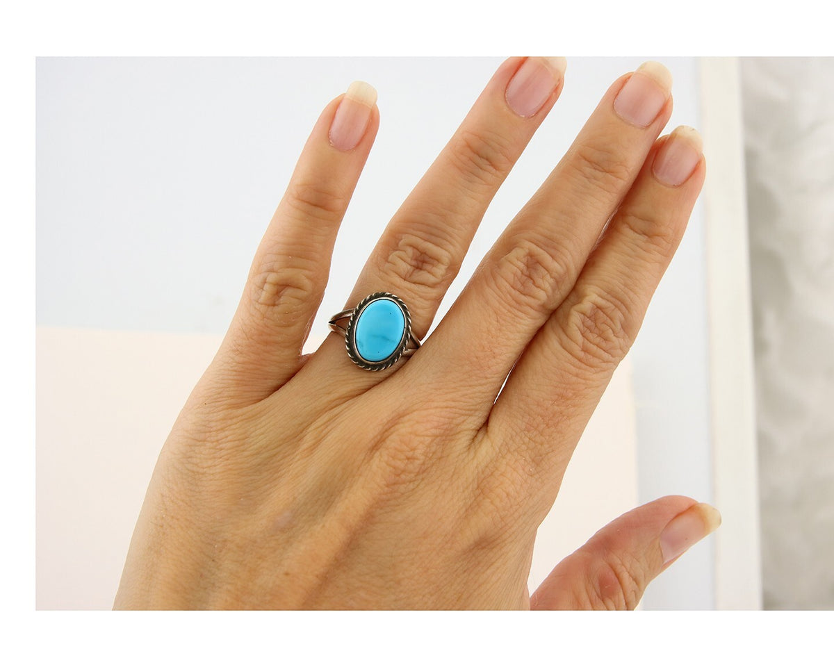 Navajo Ring 925 Sterling Natural Blue Turquoise C.80's Size 5.25