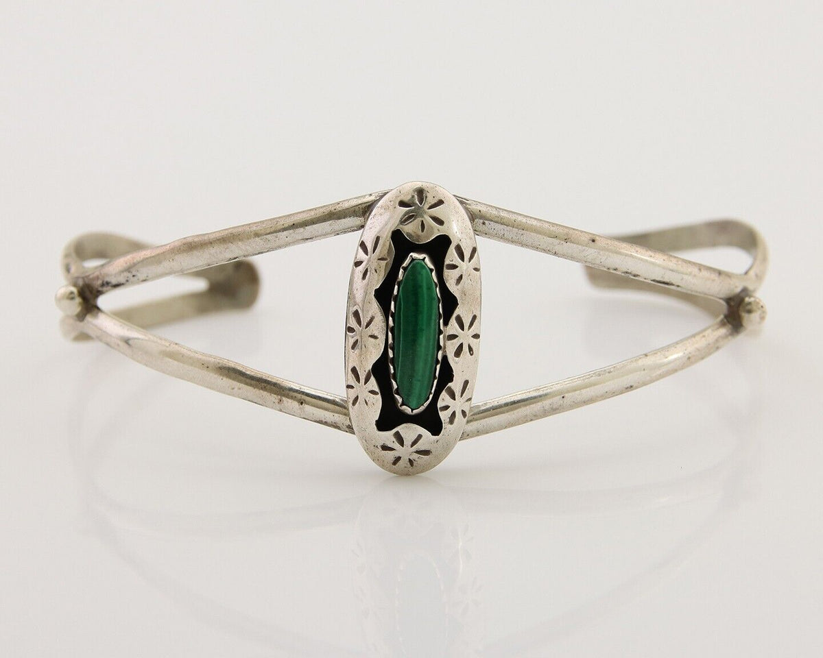 Navajo Hand Stamped Cuff Bracelet Malachite 925 Silver Artist Signed IJC C.80's