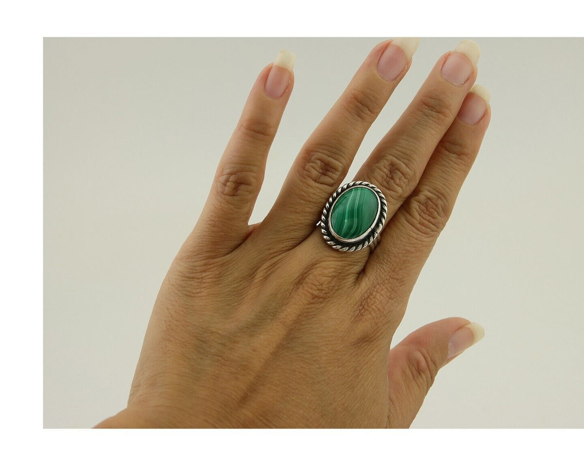 Navajo Ring 925 Silver Natural Malachite Native American Artist C.80's