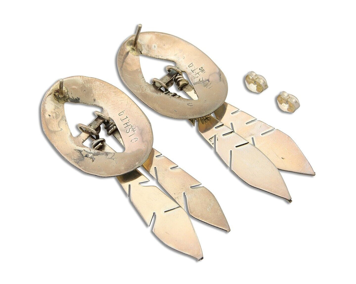 Navajo Feather Earrings 925 Silver Dangle Artist Signed DISHTA C.80's