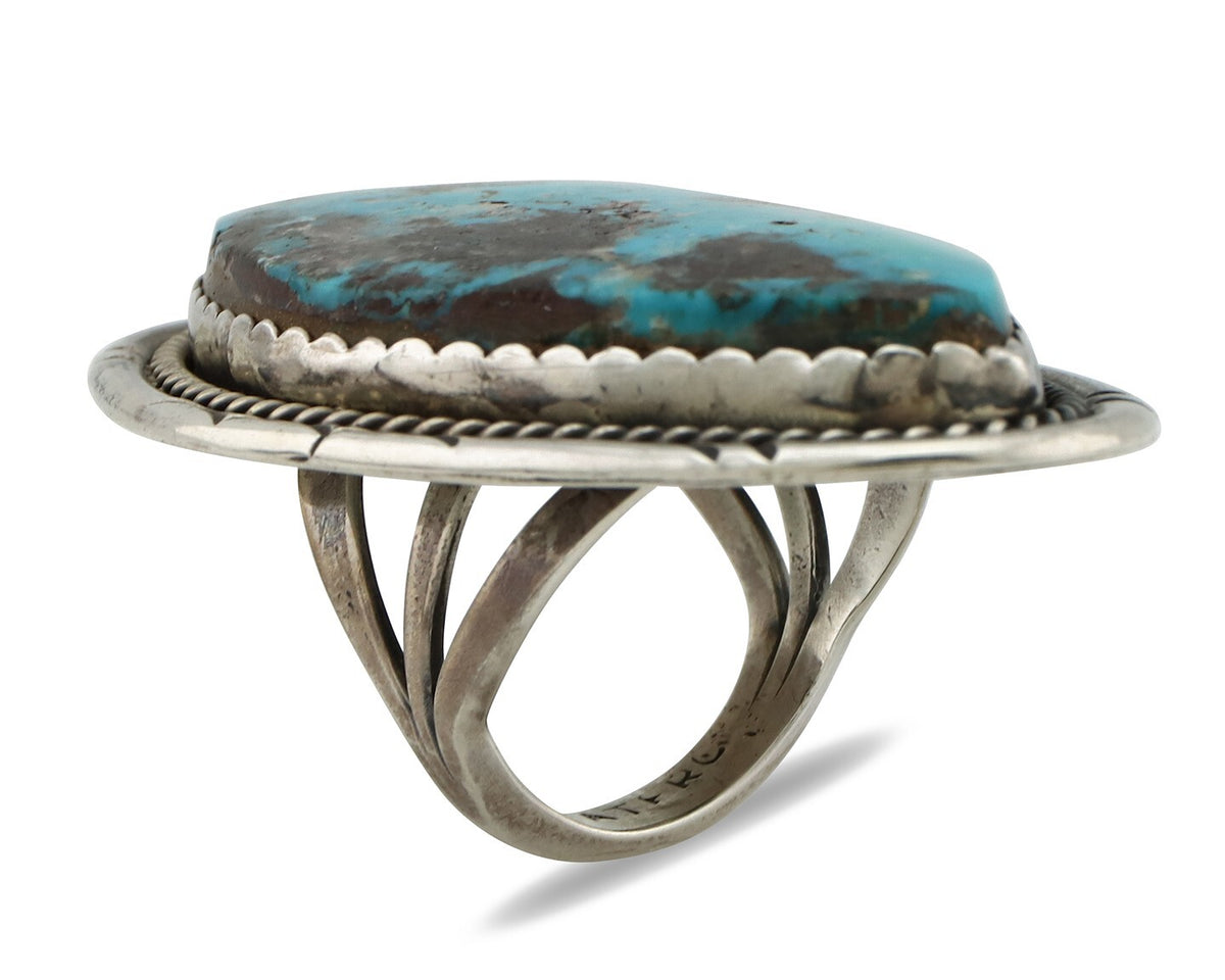 Navajo Ring 925 Silver Morenci Turquoise Artist Signed PLATERO C.80s