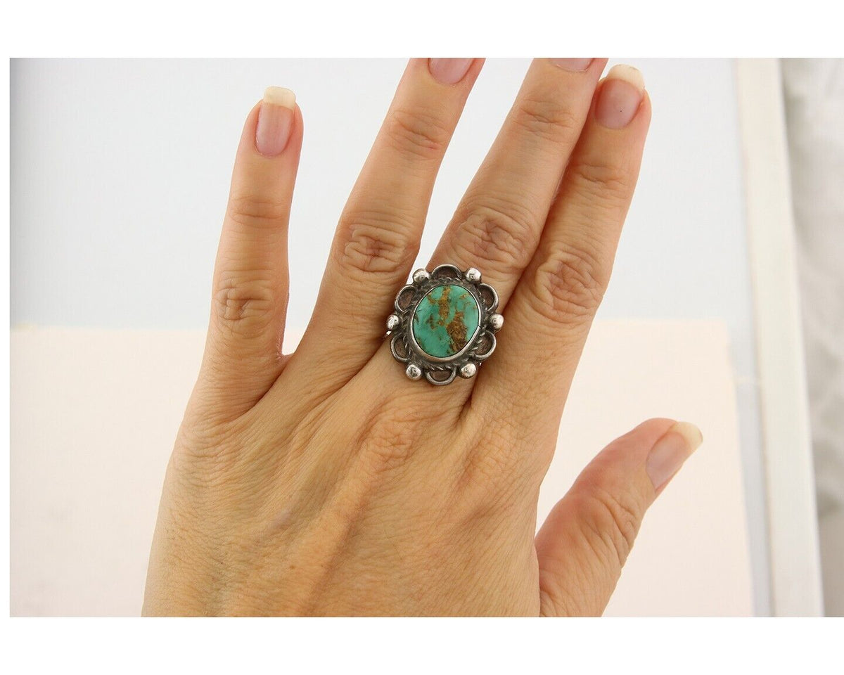 Navajo Ring 925 Sterling Natural Mined Turquoise Handmade C.80's Size 5.75