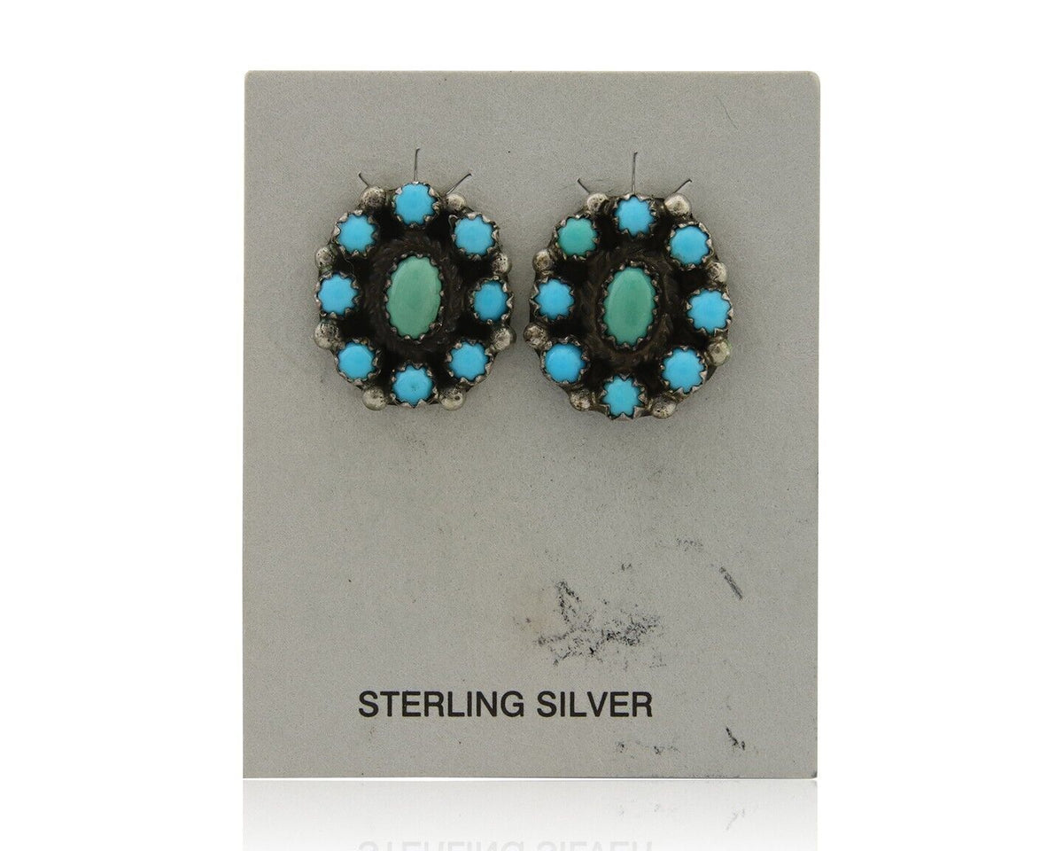 Navajo Shield Earrings 925 Silver Natural Turquoise Signed Nathaniel Curley C80s