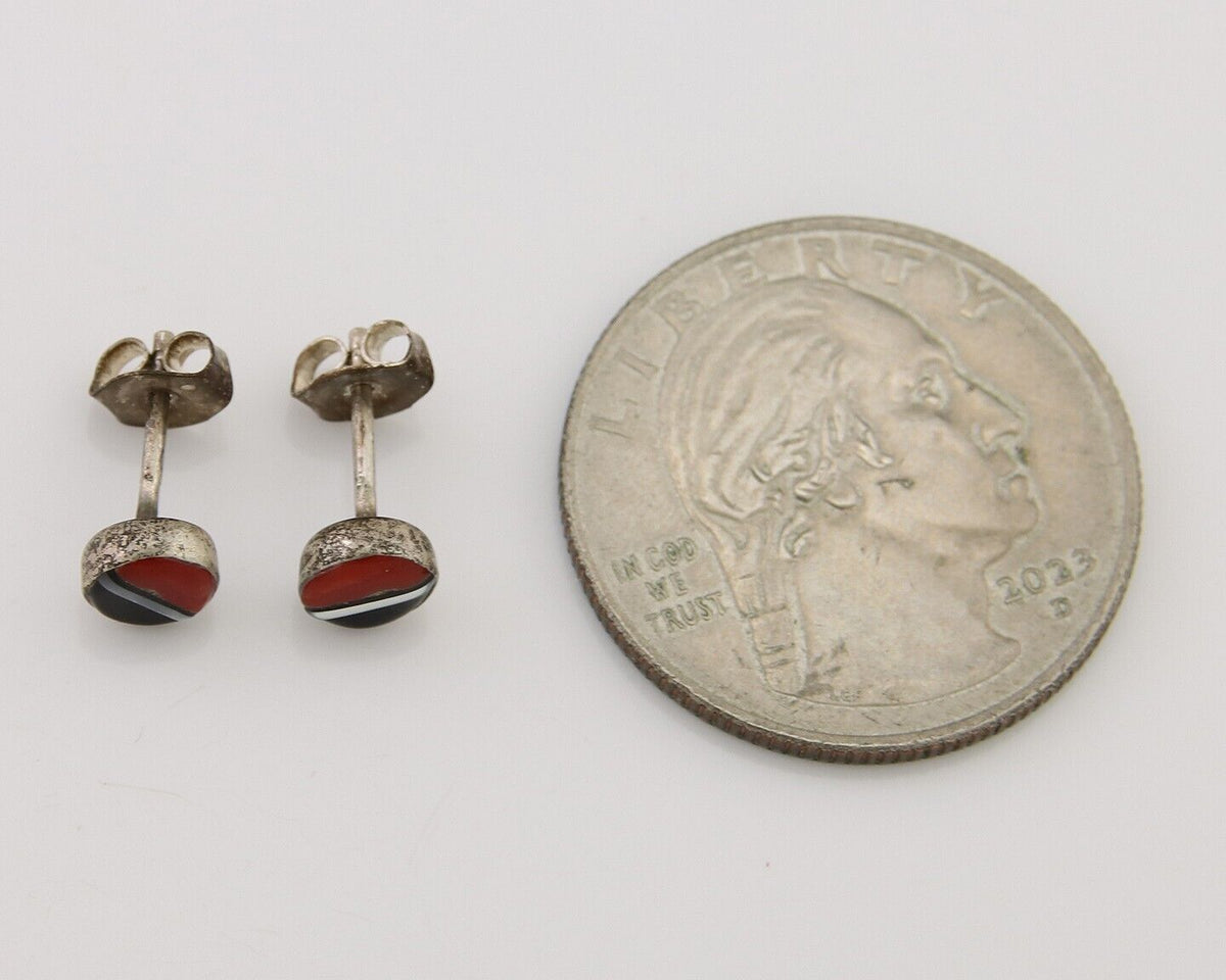 Navajo Earrings 925 Silver Inlaid Natural Onyx & Coral Native Artist C.80's