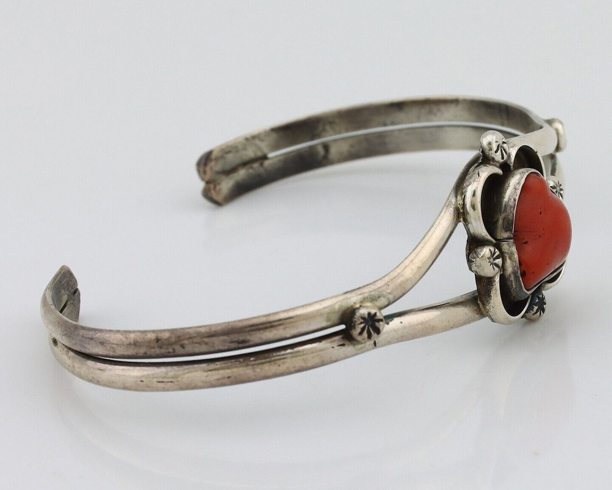Navajo Bracelet 925 Silver Natural Red Coral Native American Artist C.80's