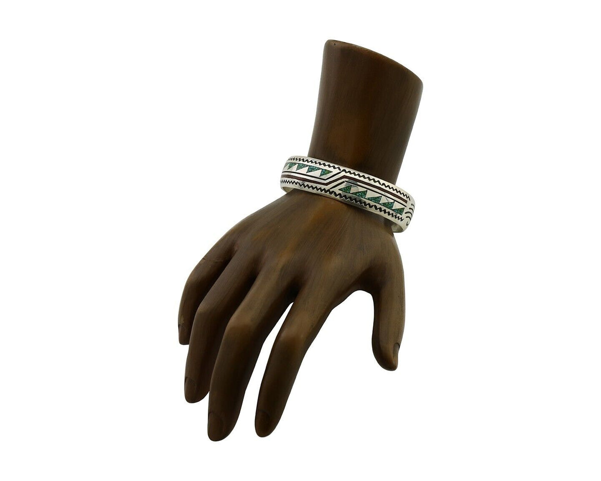 Navajo Inlay Bracelet 925 Silver Turquoise & Coral Signed Stanely Bain C.80's