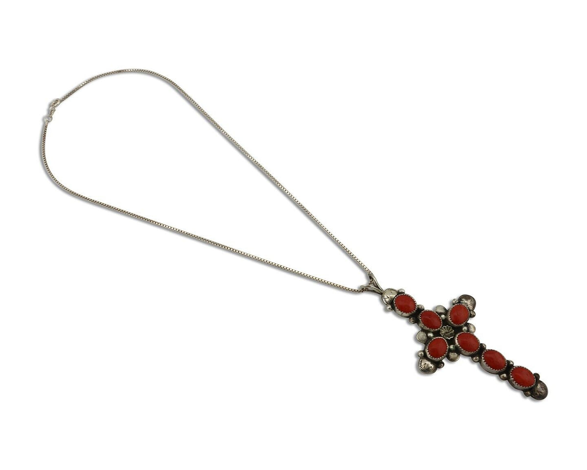 Navajo Cross Pendant 925 Silver Natural Coral Artist Signed Archie Martinez C80s