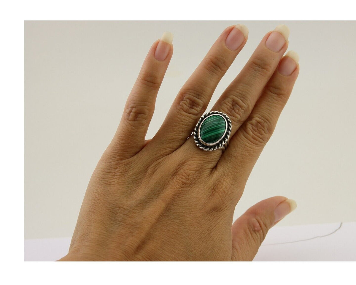 Navajo Ring 925 Silver Natural Malachite Native American Artist C.80's