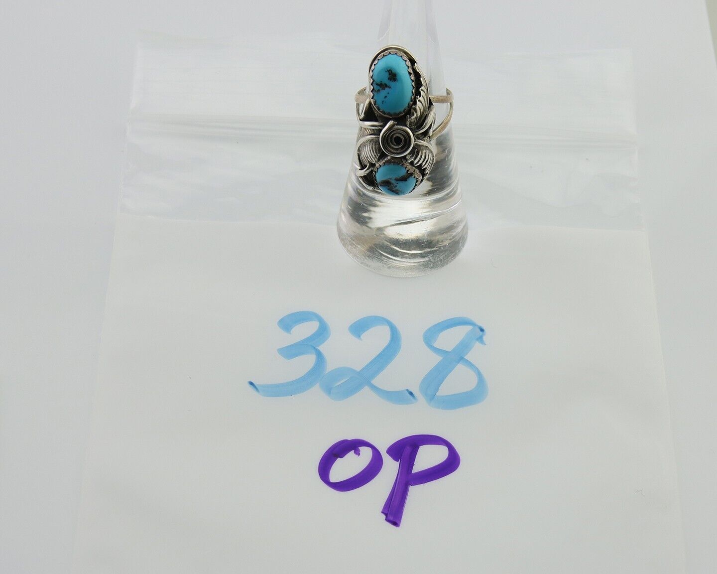 Navajo Ring .925 Silver Sleeping B Turquoise Artist Signed MP C.80's