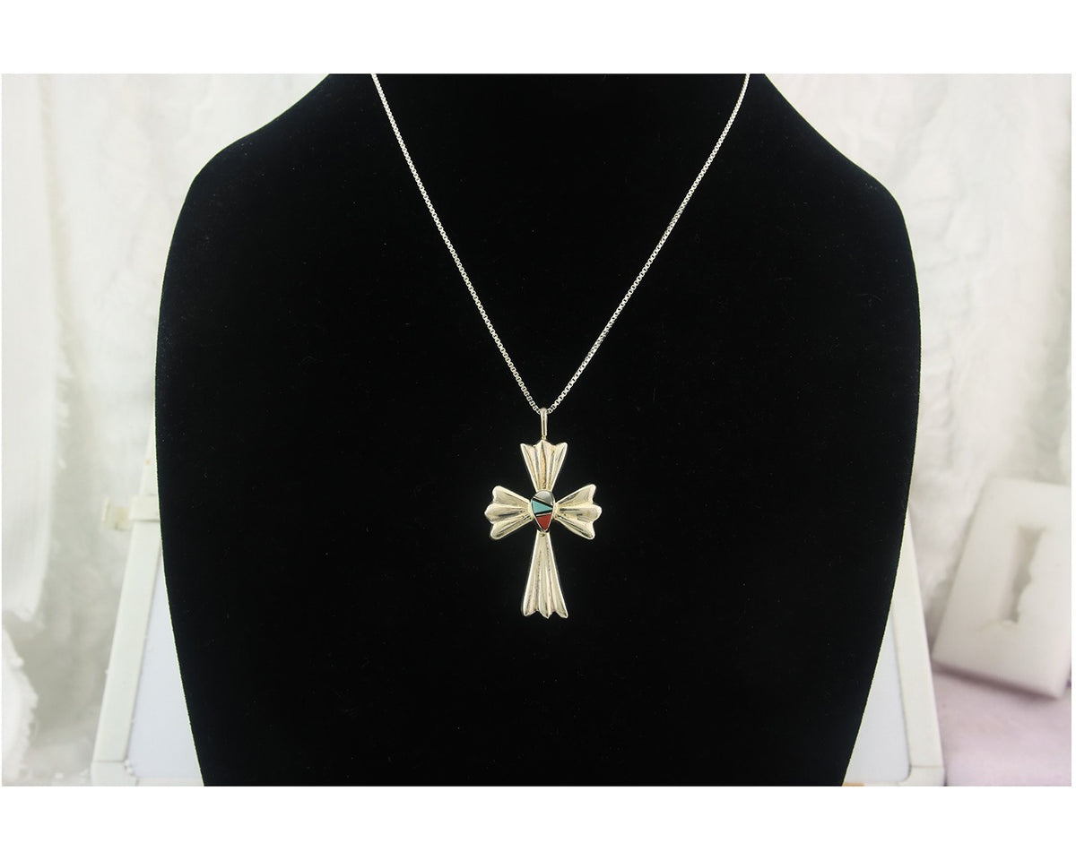Navajo Cross Necklace Sterling Silver Authentic Natural Gemstones Signed M