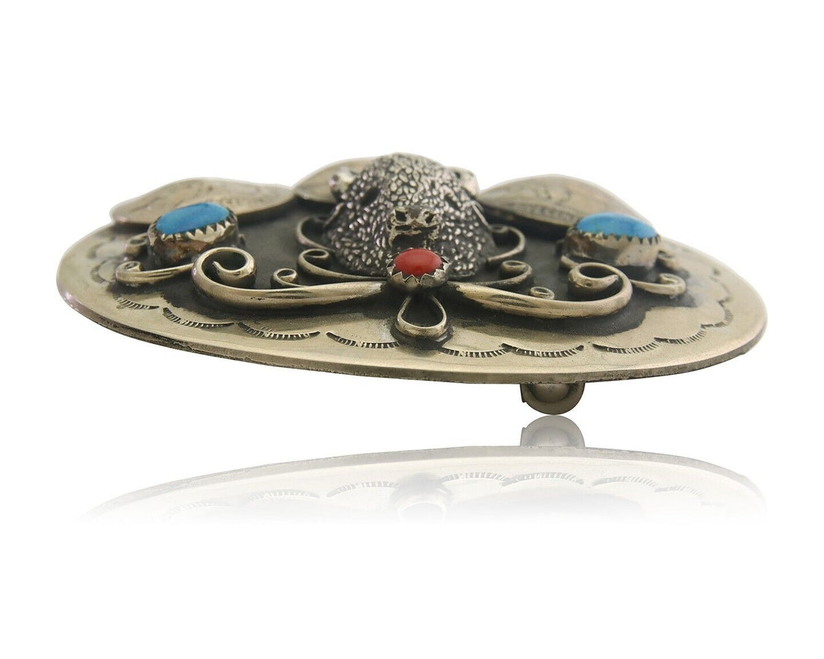 Navajo Belt Buckle .999 Nickel Buffalo Gemstone Handmade 2.5 x 3.0 in C.80's