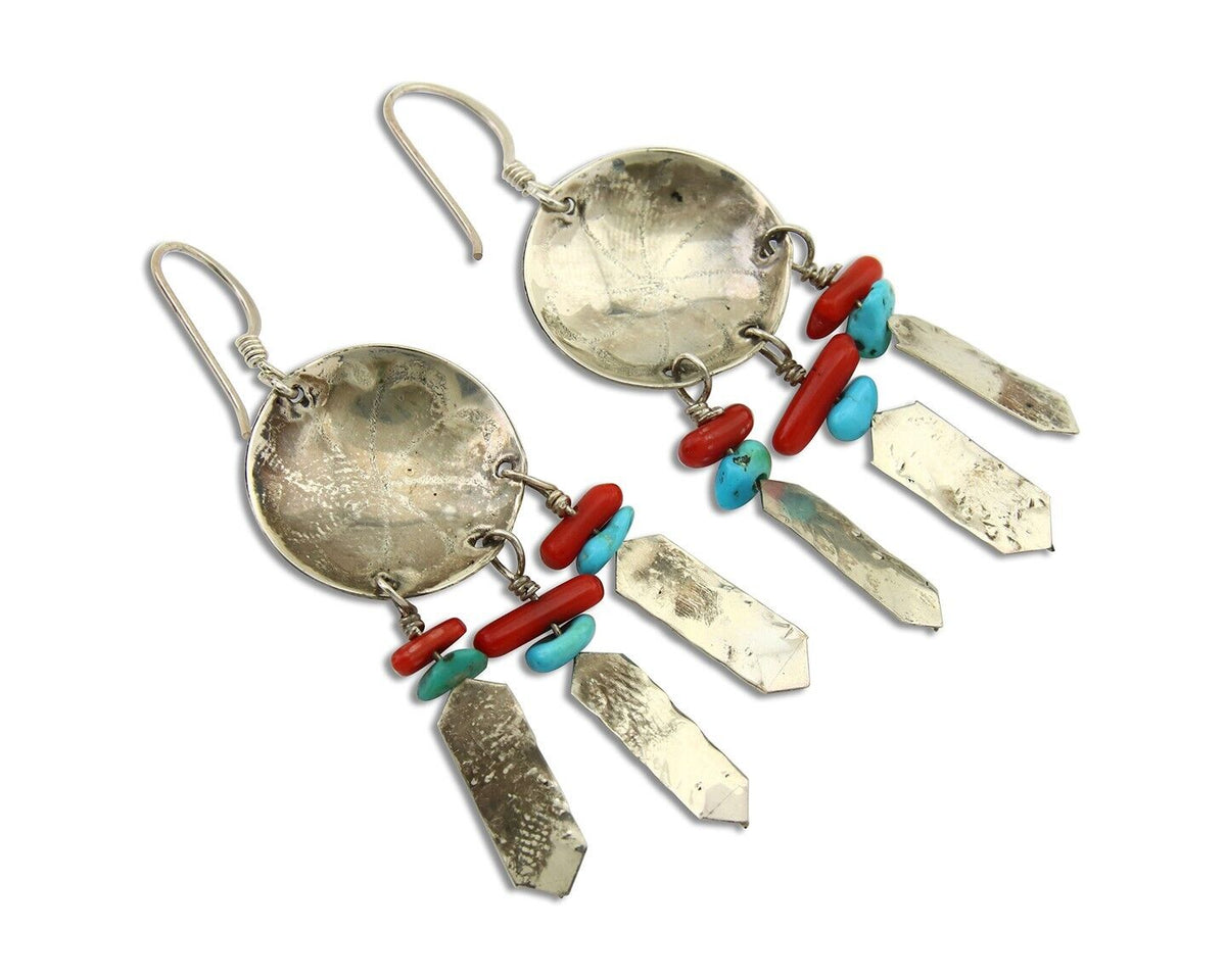 Navajo Earrings 925 Silver Turquoise & Coral Native American Artist C.80's